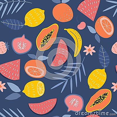 Vector seamless pattern with papaya fruits, lemons, oranges, bananas, watermelons, strawberries, figs and palm leaves. Vector Illustration